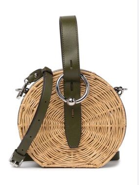 Rebecca Minkoff Olive Green Leather & Wicker Round Crossbody Bag